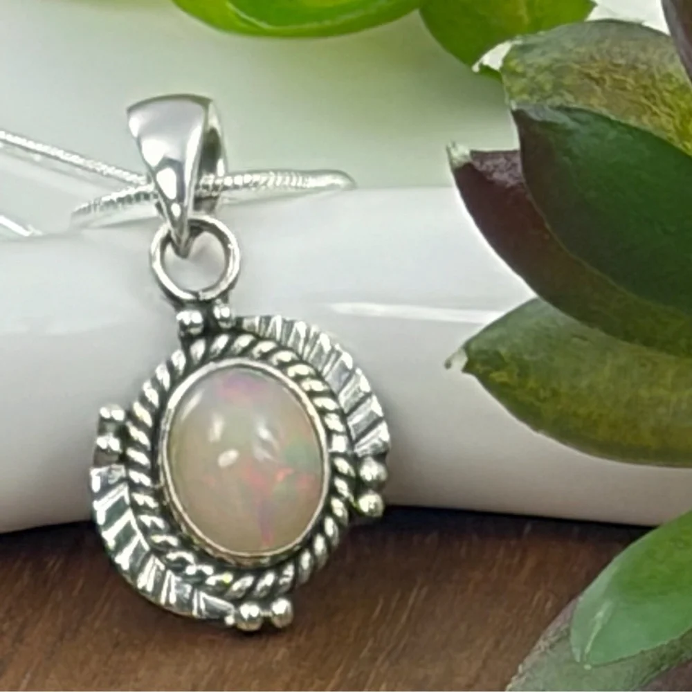 Ethiopian Opal Gemstone Pendant Pure Sterling Silver 925 Boho Southwest New